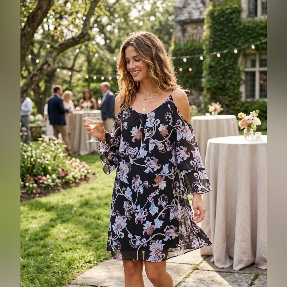 White House Black Market Black Floral Cold-Shoulder Dress